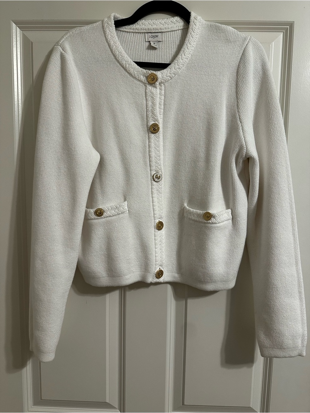 J. Crew white cardigan with gold buttons